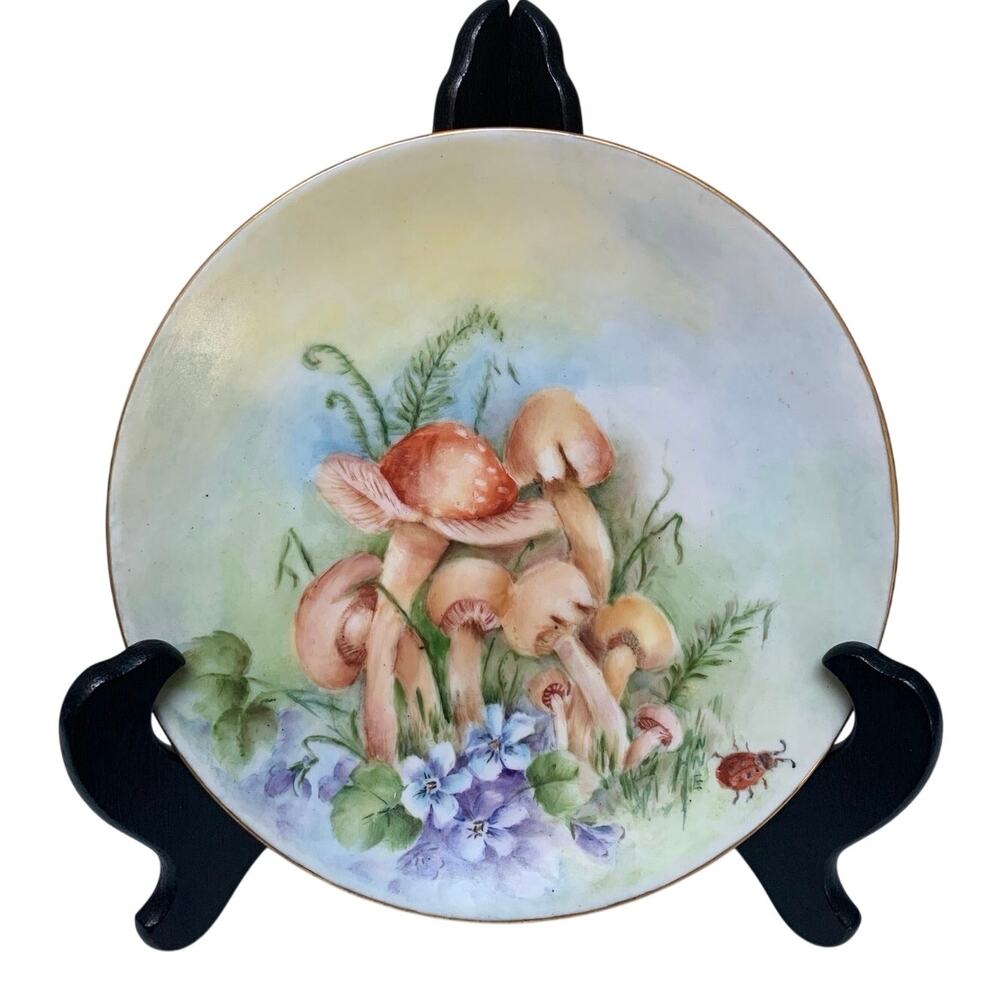 VintHand Painted Porcelain Plate Mushroom Garden Gold Trimmed West Germany